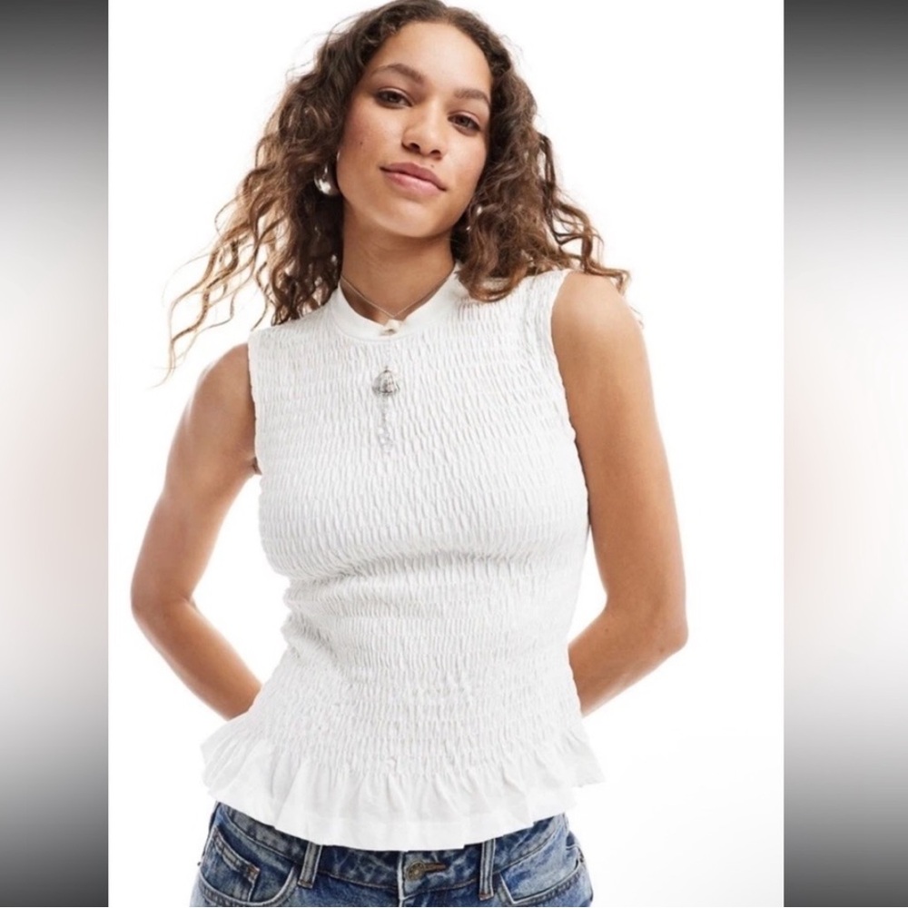 New With Tags All Saints White Smocked Ruffle Hem Top Size 10 - Picture 3 of 7